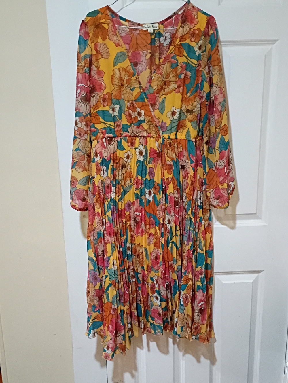 Lulu's Yellow Floral Midi Dress with Pink & Teal Accents
